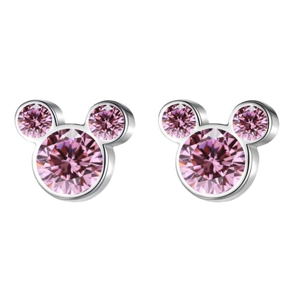 Boutique Jewelry - Light Pink Zircon Mickey Mouse Stud Earrings S925 Sterling Silver